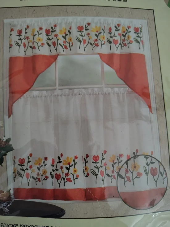 Floral Embroidered Kitchen Curtain Set - Coral and White (NEVER USED)