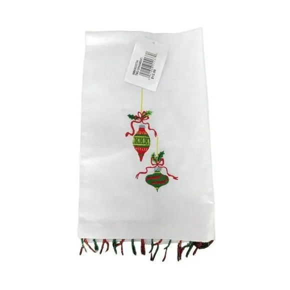 Christmas Traditions PHI White Embroidered‎ Ornaments Tassle Beaded Tea Towel