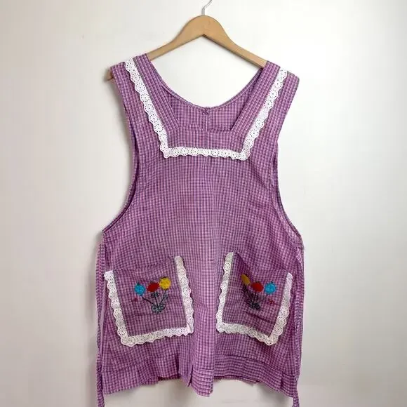 Vintage‎ Plaid Embroidered Apron Gingham Purple Lace Nonna Cottage Farmhouse