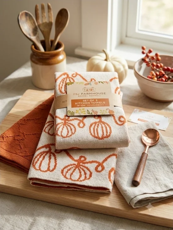 The Farmhouse Rachel Ashwell Orange Pumpkin Kitchen Towel Set