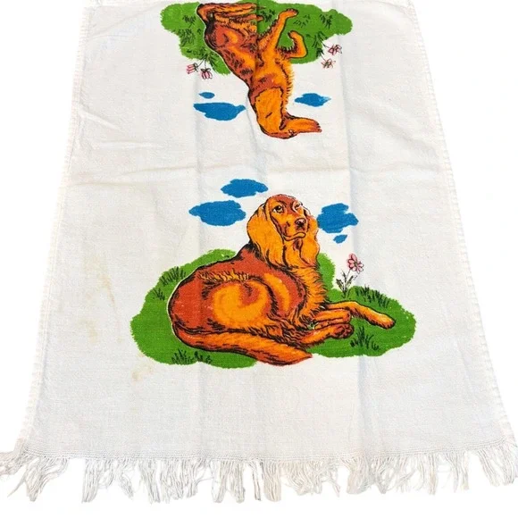 Vintage Golden Retriever Irish Setter Dog Tea Towel Fringed White Kitchen Linen