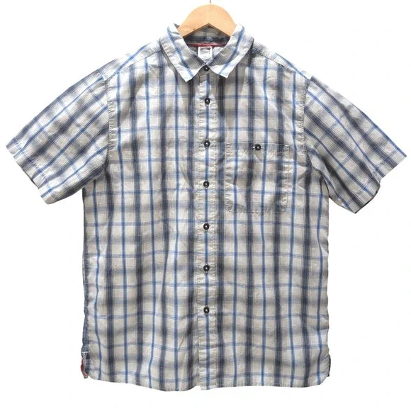 The North Face Mens Plaid Short Sleeve Button Up Shirt M Blue White Grey Outdoor