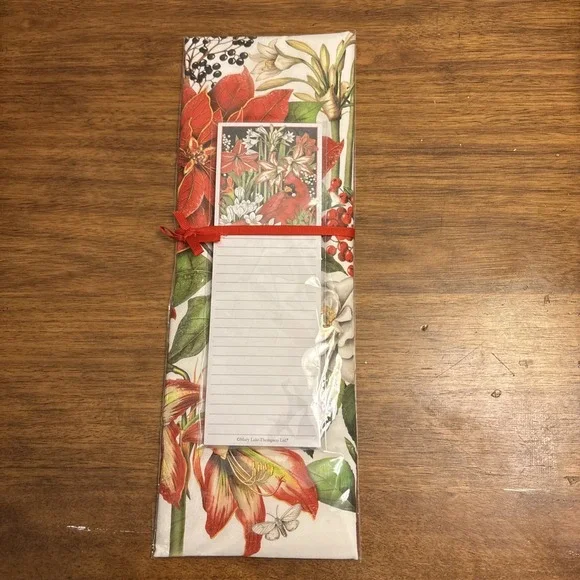Mary Lake Thompson Holiday Flour Sack Towel & Note Pad Cardinal & Poinsettia NIP