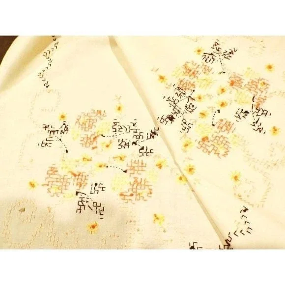 Vtg Hand Embroidered Floral Ecru Tablecloth Cross-Stitched Orange Yellow Brown‎