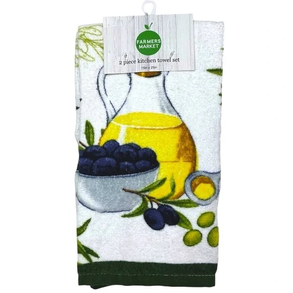 Farmers Market Cotton Towels Mediterranean Olive Theme Green Yellow 2 Pieces