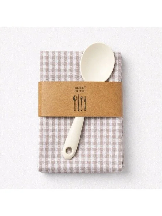 Farmhouse Kitchen Towels Set Beige White Cotton Dish Towels w Silicone Spoon New
