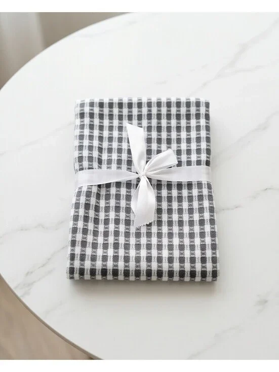 Set of 2 Gray White Checkered Waffle Weave Cotton Kitchen Towels NWOT