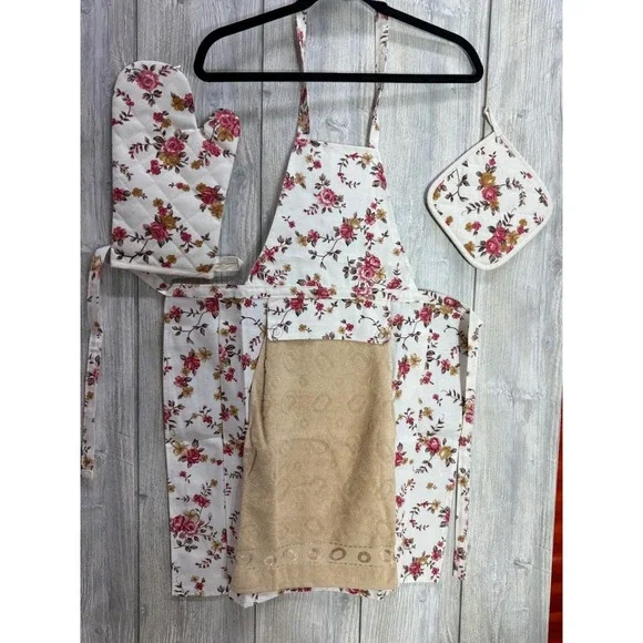 Floral Apron Set with Detachable Towel Oven Mitt and Pot Holder Pink Rose 4pc