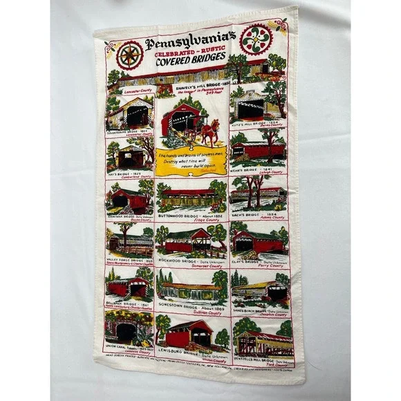 Penn Dutch‎ Textiles Tea Towel Pennsylvania Covered Bridge Cottagecore Rustic