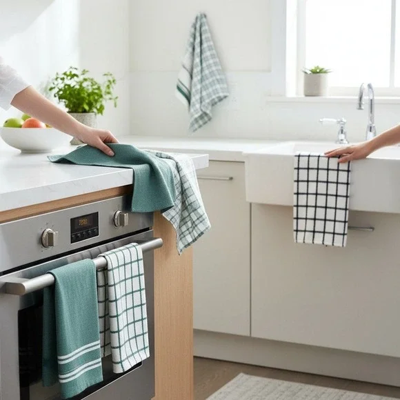 Woven Dishtowel Set 5-Pack Teal Plaid Stripe Kitchen Towels New
