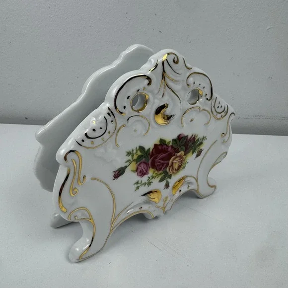 Fine‎ Porcelain White Floral Napkin Holder Gold Trim Porcelain Cottagecore Roses