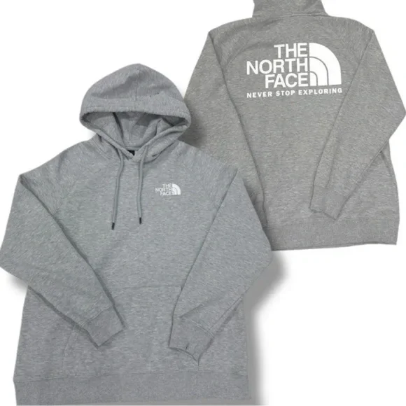 The North Face Drawstring Hoodie - Heather Gray Front & Back White Large Logo S