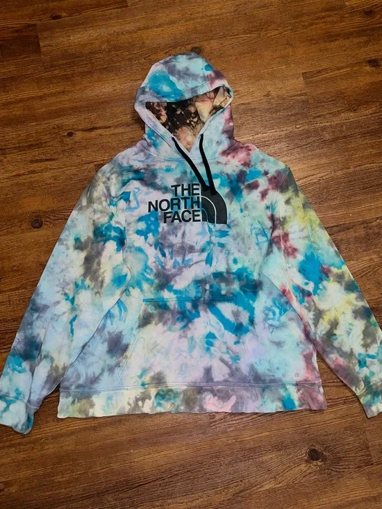 The North Face Blue Tie-Dye Retro Colorful Upcycled Graphic Hoodie Size XXL