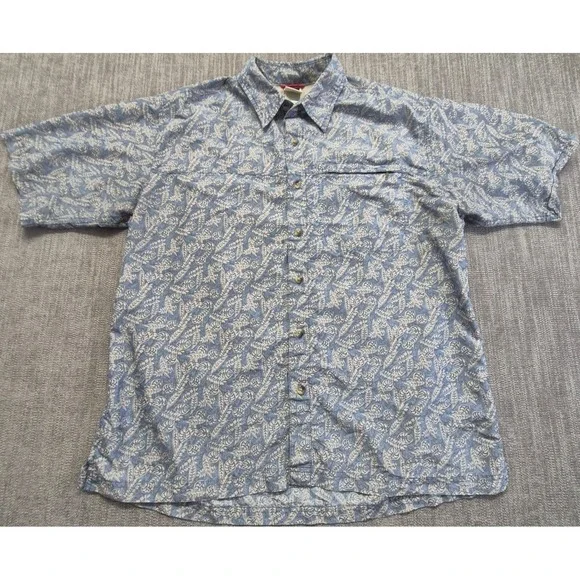 The North Face men's blue leaf print button up shirt LG short sleeves Zip pocket