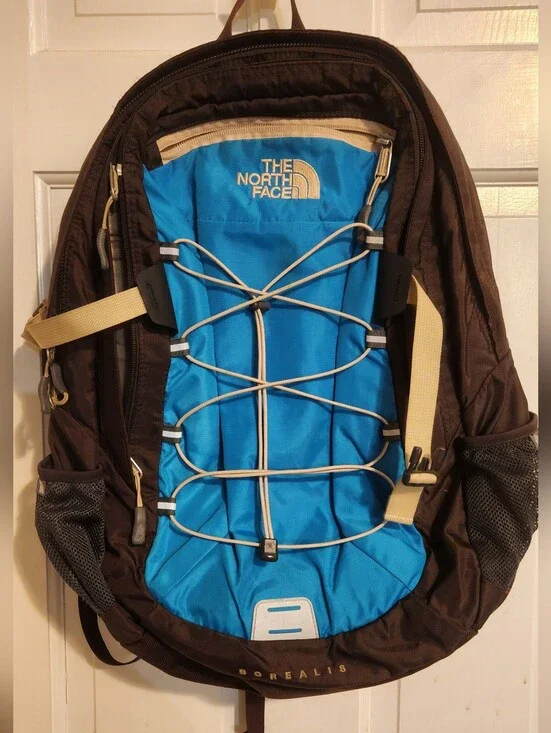 The North Face Borealis backpack in turquoise blue and brown