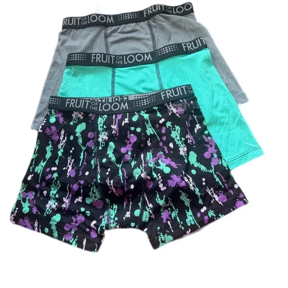 Fruit of the Loom Boxer Briefs‎ Kids Medium Teal Grey Splatter Excellent 3 Pack