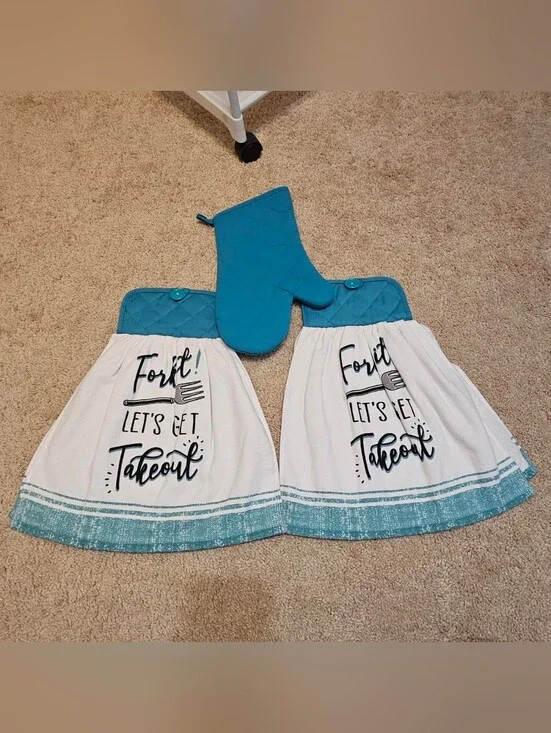 2 Handcrafted Potholders Attached To Towels | Blue + White | Takeout//Fork