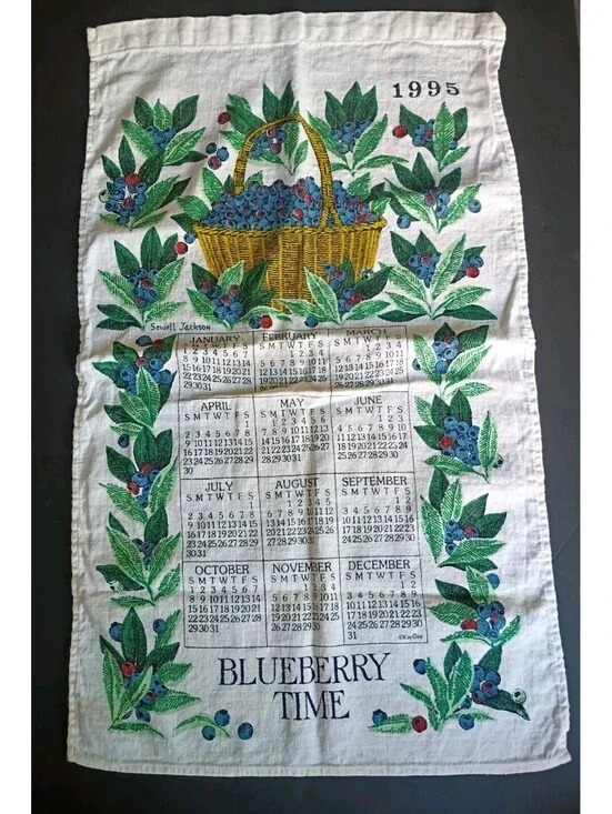 Vintage Y2K Linen Tea Towel Calendar Wall Hanging 1995 Blueberry Time Basket