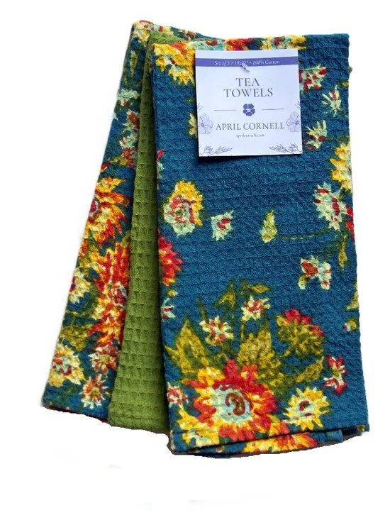 April Cornell 3 Pc. Kitchen Dish Tea Towel Set Waffle Weave Fall Floral Mums NWT