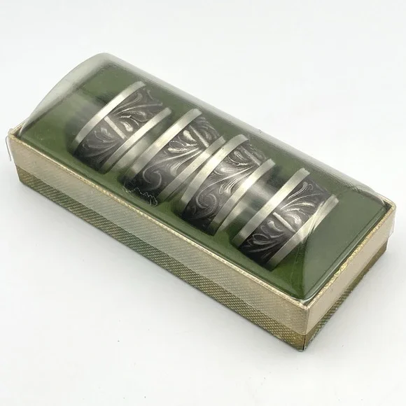 Vintage Set of 4 Norwegian Style Pewter Napkin Rings Embossed Scroll Design Box