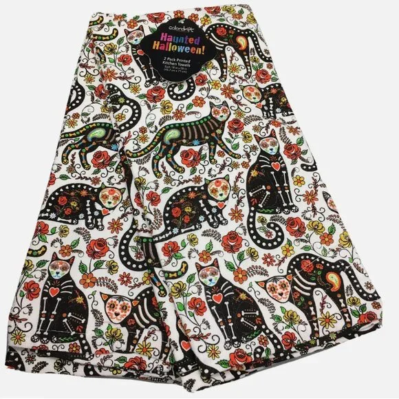 x2 Halloween Black Skeleton Sugar Skull Cat Kitchen Towel Set Roses Day of Dead