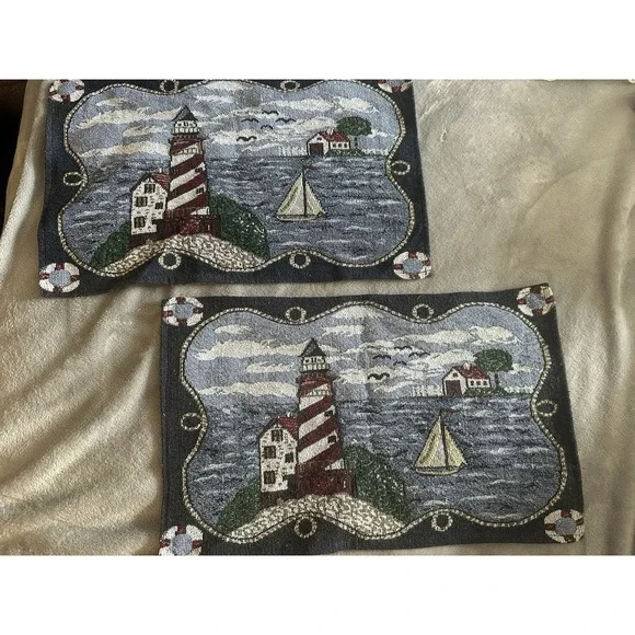 Set of 2 Tapestry Placemats Lighthouse Sailboat Nautical Ocean
