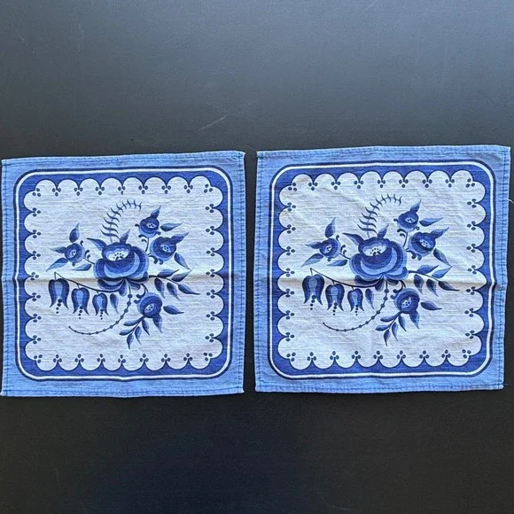 Vintage Blue Floral Cloth Napkins Set of 2 Scalloped Border 11x11 Square Linens