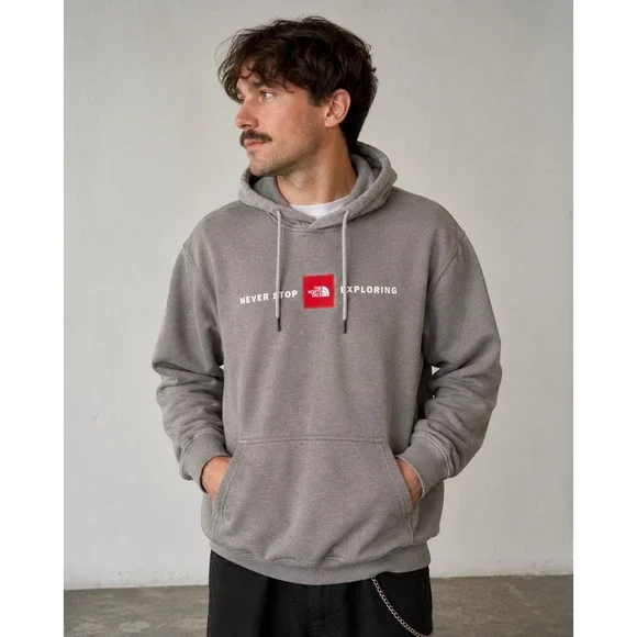 The North Face Mens Never Stop Exploring Logo Hoodie Grey XL Distressed bleached