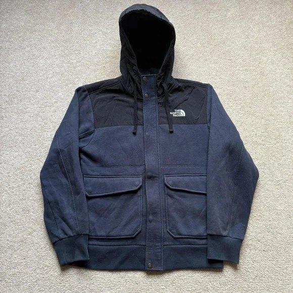 The North‎ Face Jacket Mens Medium Navy Black Hooded Zip Snap Fleece Pockets