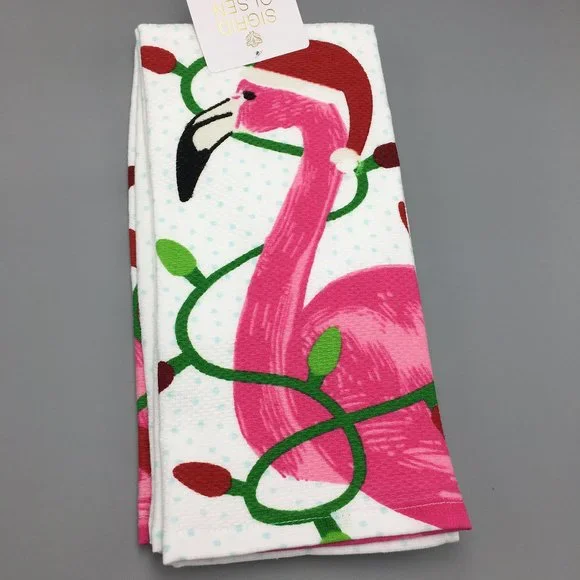x2 Sigrid Olsen Christmas Lights Flamingo Kitchen Towel Set Santa Hat Tropical
