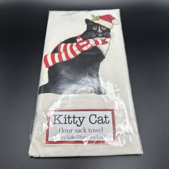 Mary Lake Thompson Flour Sack Kitchen Tea Dish Towel Tuxedo Cat Hat Christmas‎