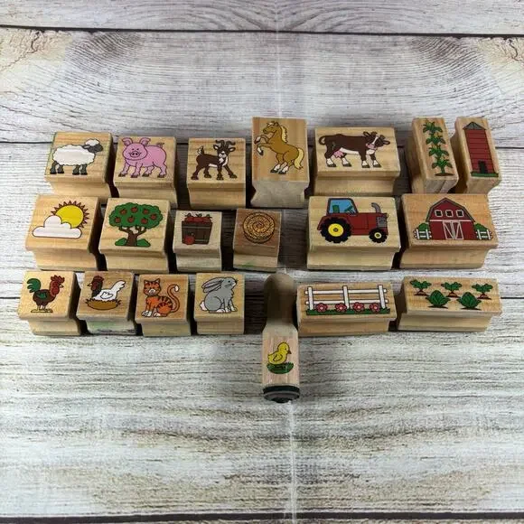 Farmhouse Wooden Rubber Stamp Lot of 17 Barnyard Animals Tractor Scrapbook