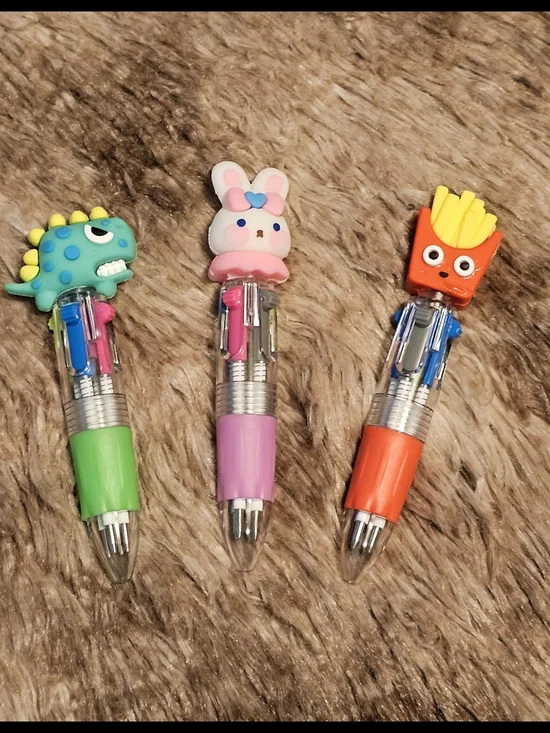 Cute Character Multi-Color 4-Function Ballpoint Pens - Green, Pink, Orange