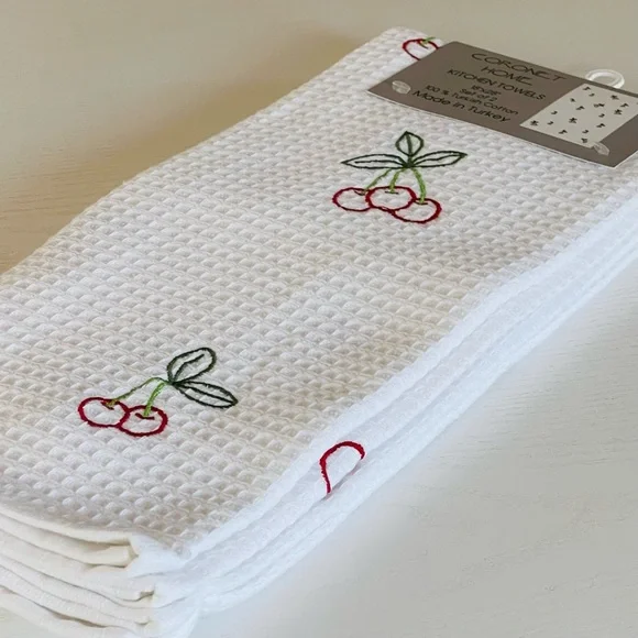 Coronet Home, White, Cherry Red Embroidered Kitchen Towels, Sz  18x28