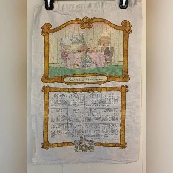 Vintage 1996 Precious Moments God Bless Home Calendar Kitchen Tea Towel White