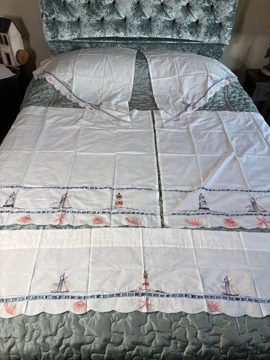 Vintage Nautical Sailboat and Lighthouse Curtains, Valance & Swags, set of 5