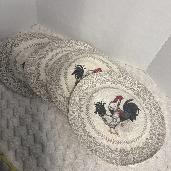 Vtg 4 Hooked Rug Braid Chair Seat Pads Rooster Chicken Hen Farmhouse Grannycore