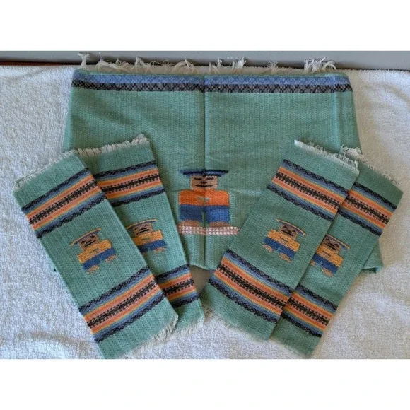Vintage Southwestern Mexican Woven Textile Folk Art Napkins & Tablecloth Sarape
