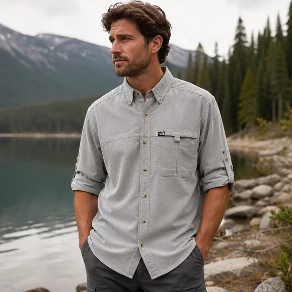 The North Face Men M Gray Button Up Fishing Hiking Shirt Vented Roll Tab Sleeve