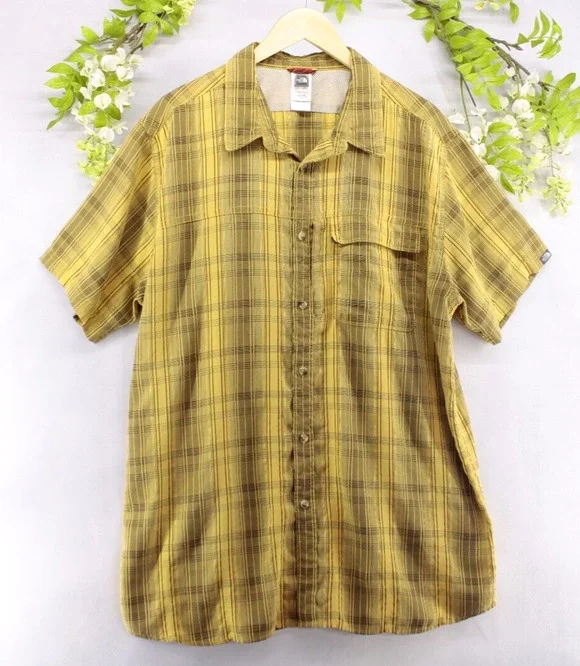 The North Face XXL Men's Plaid Yellow Shirt Button Front Chest Pocket