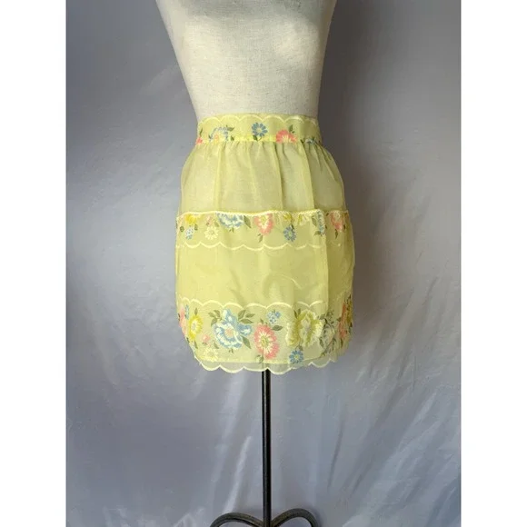 Vintage 50s Half‎ Apron Sheer Yellow Floral Embossed Organza Retro MCM 3 Pockets
