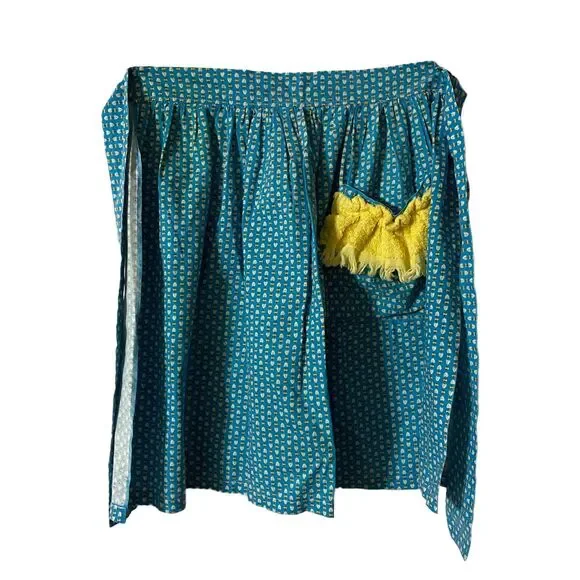 #5739 Womens Handmade Blue and Yellow Half Apron with Pockets