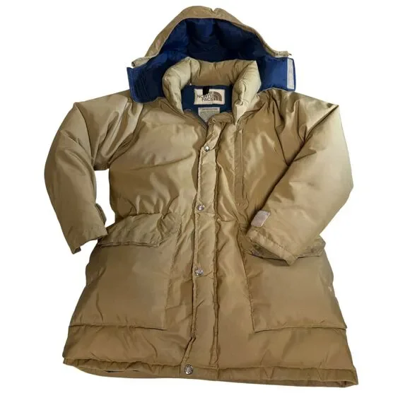 VTG 80s The North Face USA Made Down Parka Jacket Tan Blue Hooded Puffer