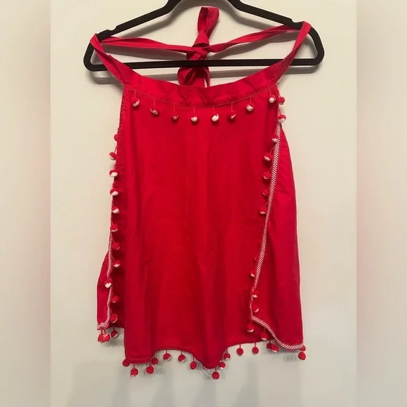 Vintage Holiday Vibes Red Pom-Pom Trim Apron OS