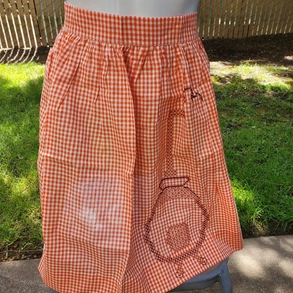Vintage Hand Embroidered Orange Gingham Half Apron Lightweight Cottage Core