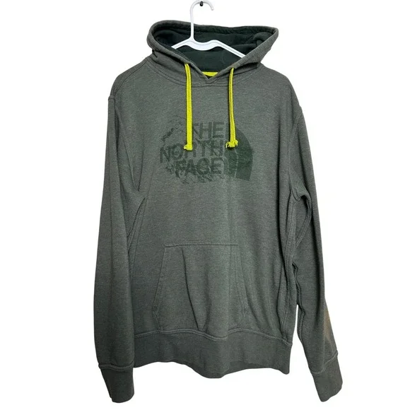 The North Face Mens Large Olive Green Graphic Logo Hoodie Neon Yellow Drawstring