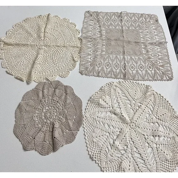 Lot of Four Vintage Crocheted Doilies‎ Various Sizes Colors Shapes