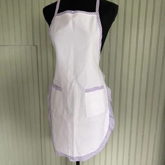 Vtg Hostess Full Apron Purple White MCM 50s Pocket Retro Tie Trad Cottage Ruffle