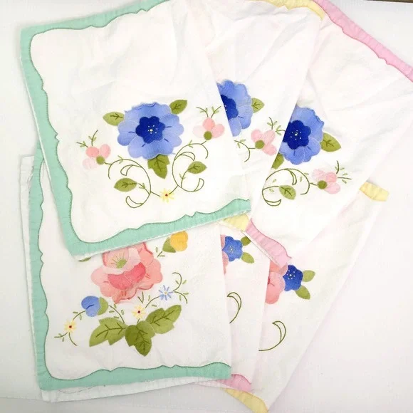 6 Vintage Fabric Placemats Applique Flowers Rectangle Place Mat Pastel
