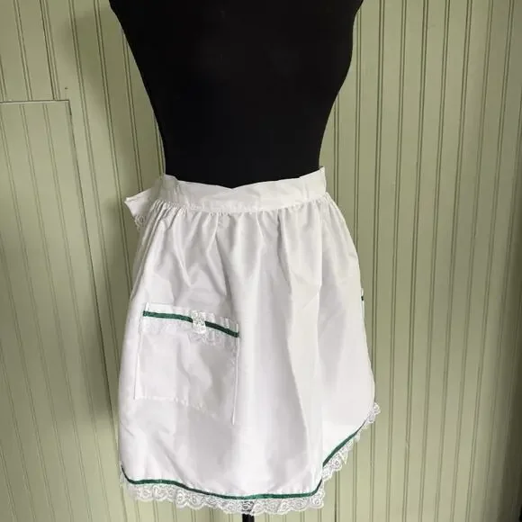 Vtg Hostess Half Apron White Green MCM 50s Pocket Retro Tie Trad Cottage Ruffle
